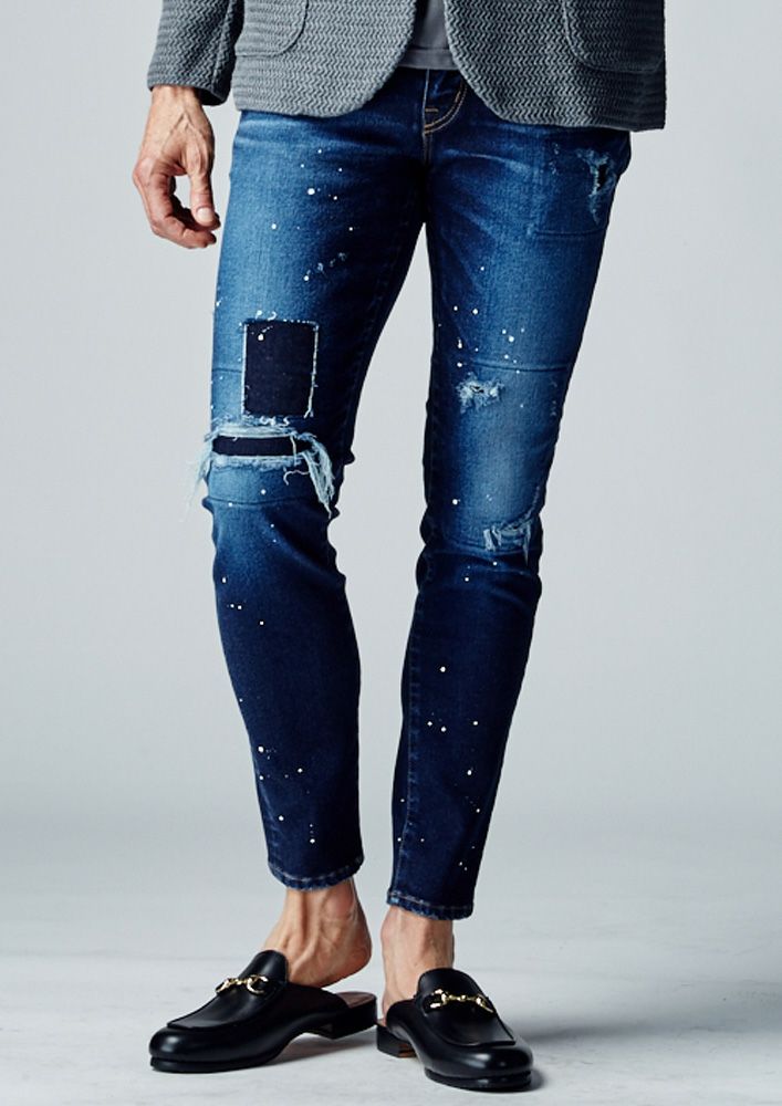 AKM】HIGH POWER STRETCH DENIM PATCHWORK PAINT 5POCKET -BLUE