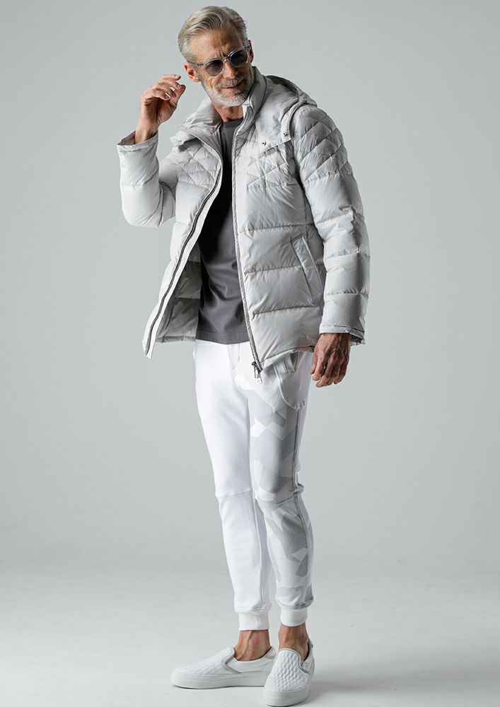 AKM】SHINY NYLON HOODED DIA MIX DOWN -OFF WHITE- | AKM