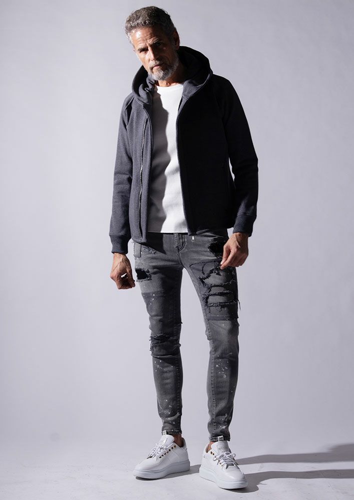 AKM】ORIGINAL STRETCH JERSEY SOLID WRAP HOODED -D.GRAY- | AKM