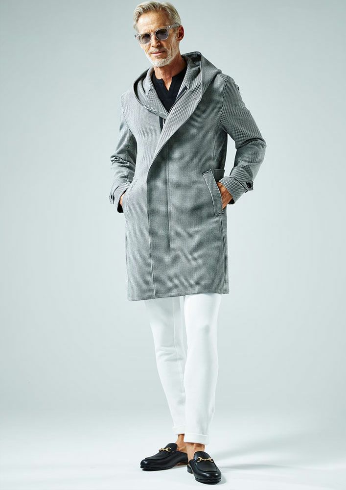 AKM】DOBBY STRETCH WRAP HOODED COAT -BLACK/WHITE- | AKM