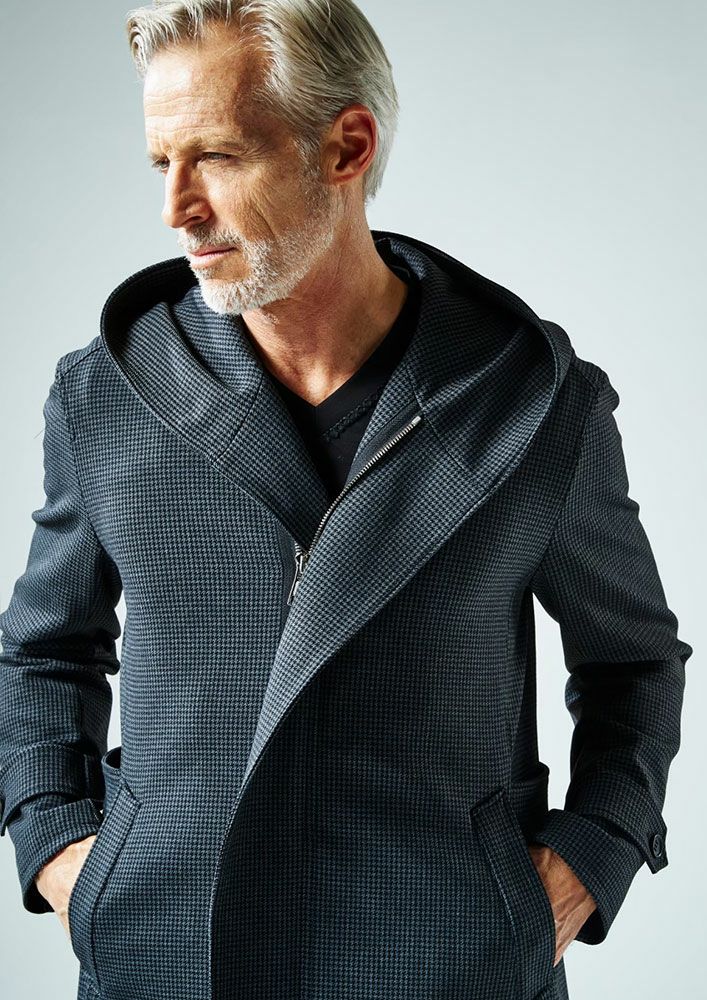 AKM】DOBBY STRETCH WRAP HOODED COAT -BLACK/NAVY- | AKM