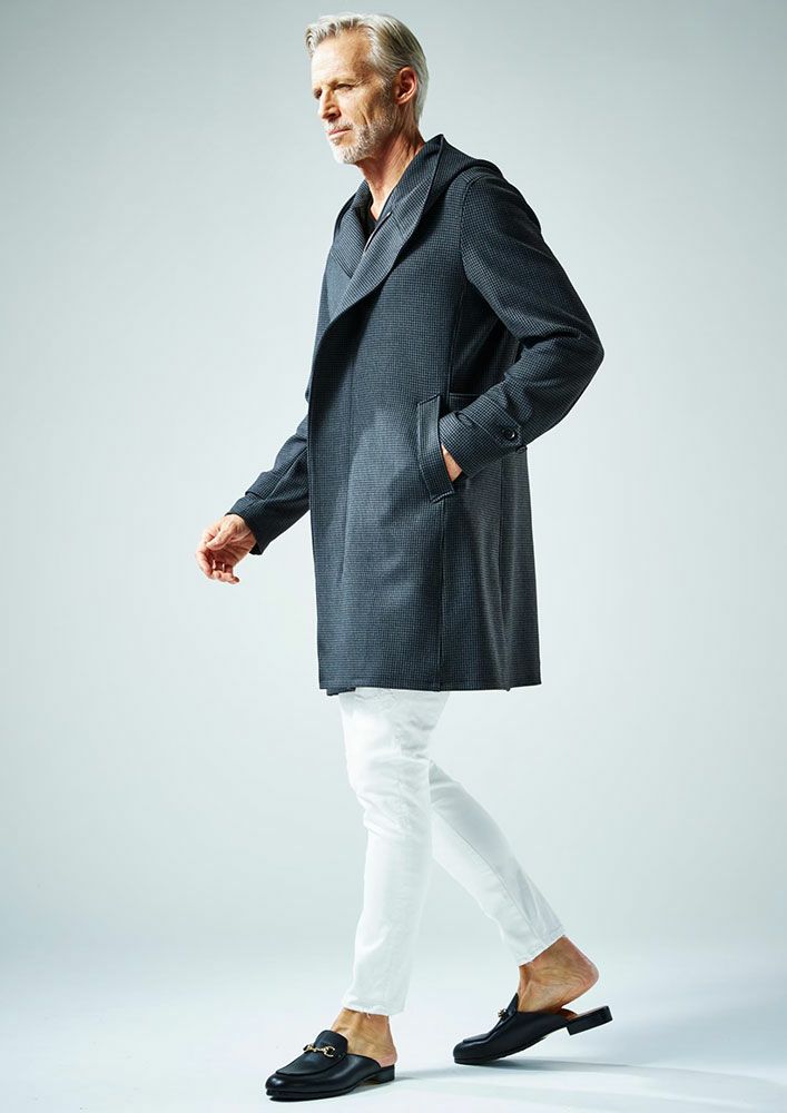 AKM】DOBBY STRETCH WRAP HOODED COAT -BLACK/NAVY- | AKM