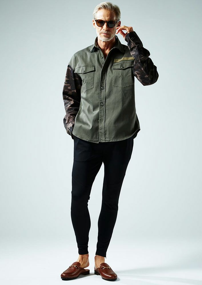 AKM】MILITALY STRETCH DROP SHOULDER P-ARMY SHIRTS -KHAKI/KHAKI 
