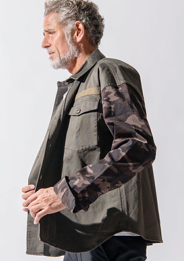 AKM】MILITALY STRETCH DROP SHOULDER P-ARMY SHIRTS -KHAKI/KHAKI