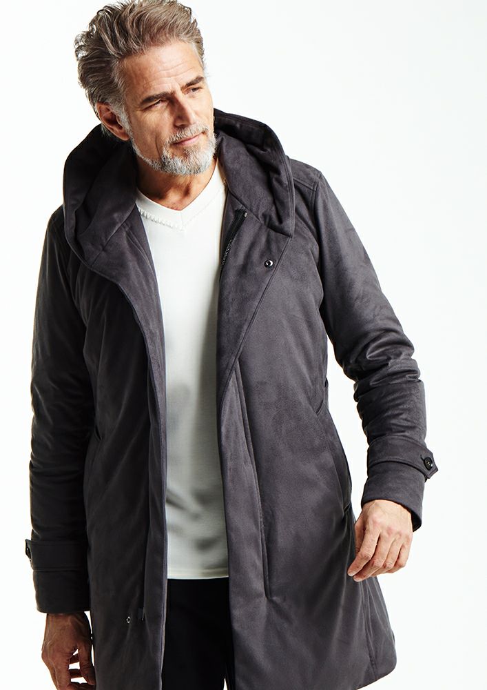 AKM】STRETCH ECO SUEDE WRAP HOODED DOWN COAT -D.GRAY-