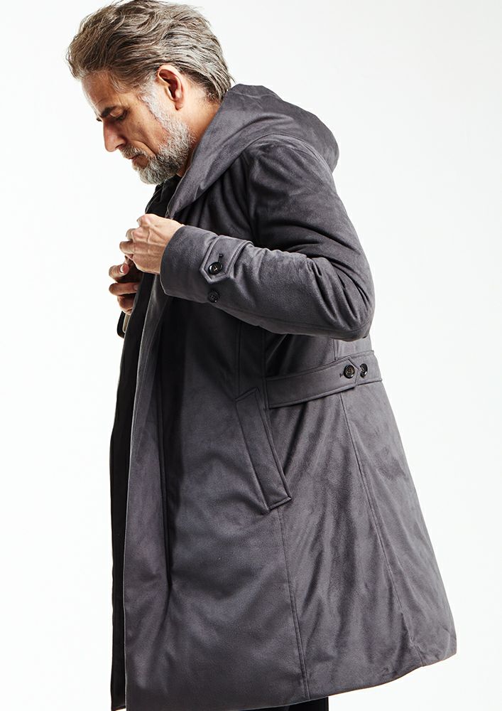 AKM】STRETCH ECO SUEDE WRAP HOODED DOWN COAT -D.GRAY-