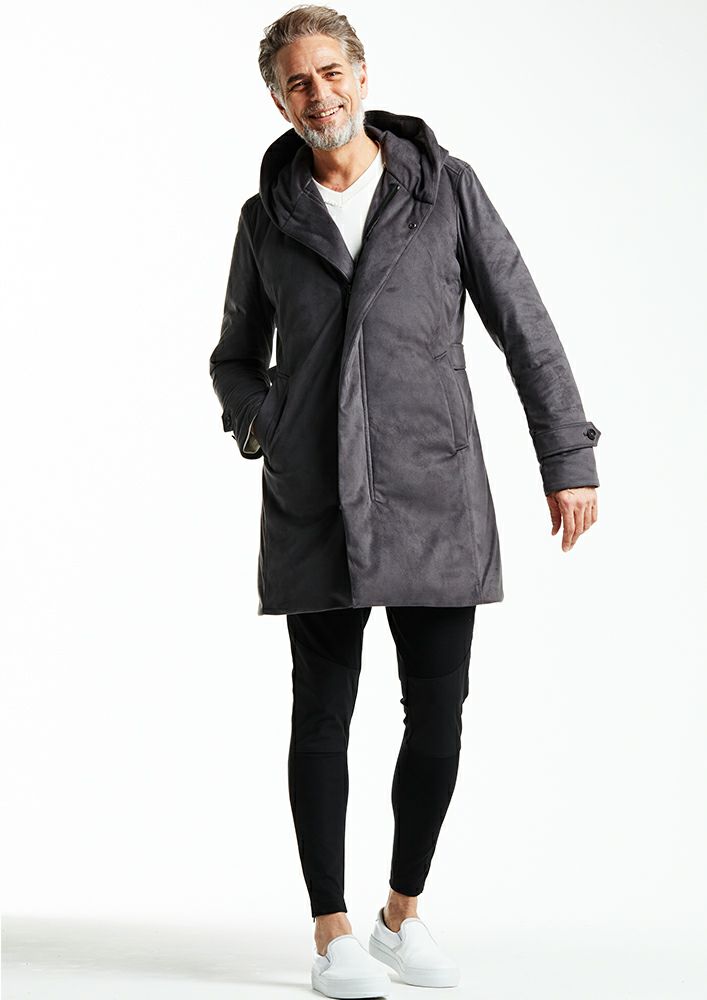 AKM】STRETCH ECO SUEDE WRAP HOODED DOWN COAT -D.GRAY-