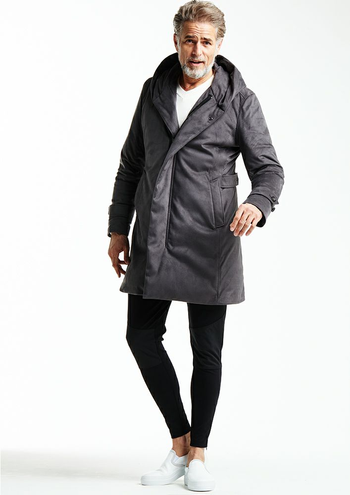AKM】STRETCH ECO SUEDE WRAP HOODED DOWN COAT -D.GRAY-