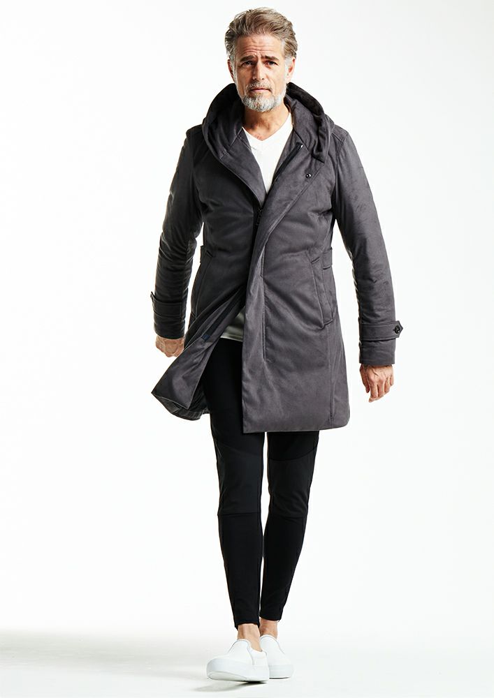 AKM】STRETCH ECO SUEDE WRAP HOODED DOWN COAT -D.GRAY-