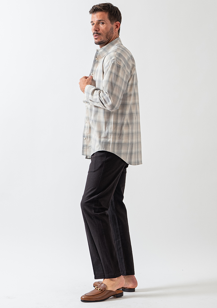 AKM】SUMMER WOOL OMBRE CHECK DROP SHOULDER SHIRTS -L.GRAY/WHITE-