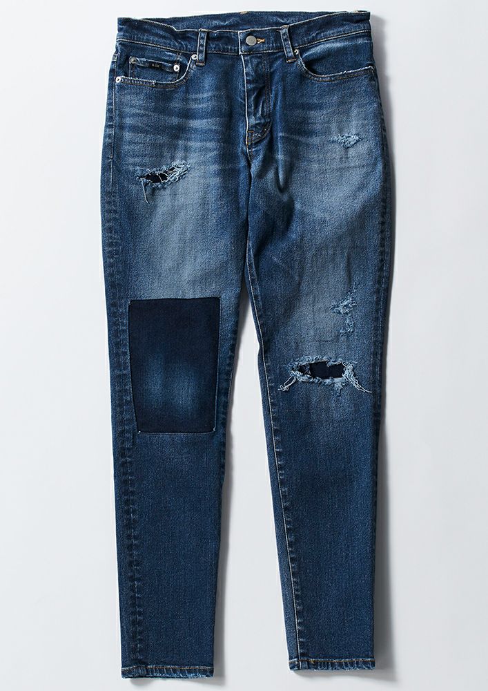 P349 / CNU195 / HIGH POWER STRETCH PATCHWORK 5POCKET SKINNY -BLUE HARD USED- 