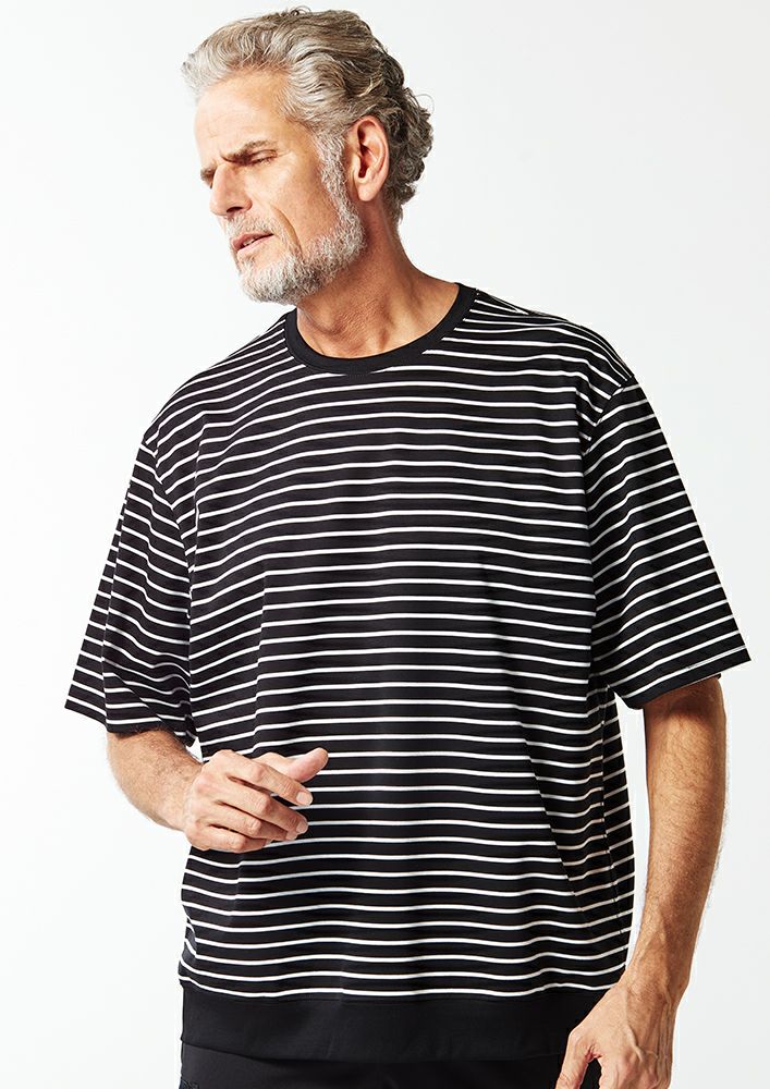 AKM】SUPIMA COTTON PONTE S/S LOOSE FIT BORDER T -BLACK/WHITE-