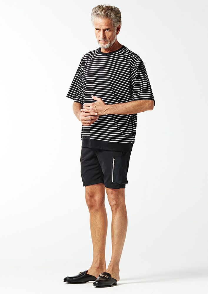 AKM】SUPIMA COTTON PONTE S/S LOOSE FIT BORDER T -BLACK/WHITE-