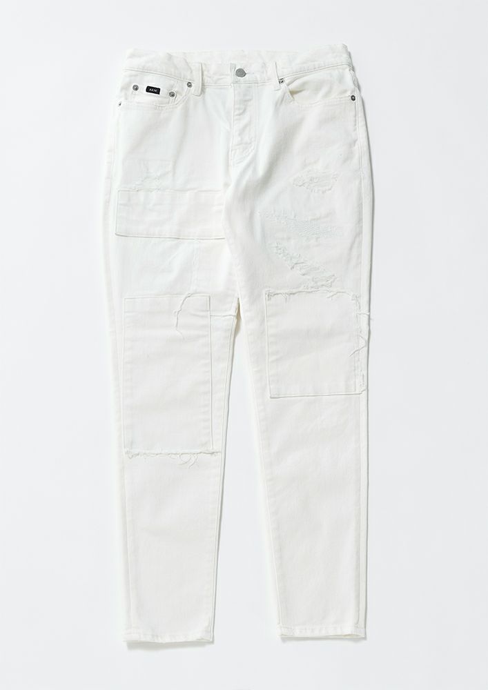 HIGH POWER STRETCH DENIM PATCHWORK 5POCKET -WHITE HARD USED-