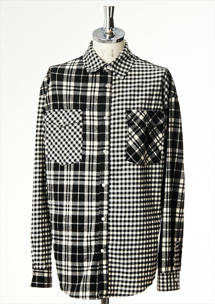 S152 / CTN277 / COTTON NEL CRAZY DROP SHOULDER CHECK SHIRTS -BLACK/WHITE-