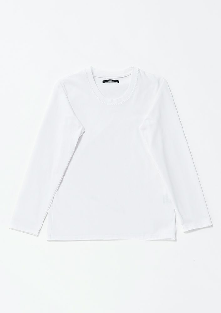 POLYESTER SMOOTH S/S HAND STITCH U-NECK -WHITE-