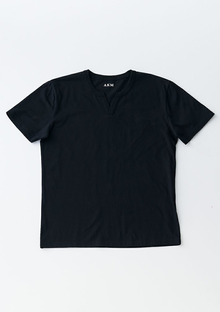 AKM】MERCERIZED SINGLE JERSEY S/S KEY NECK -BLACK-
