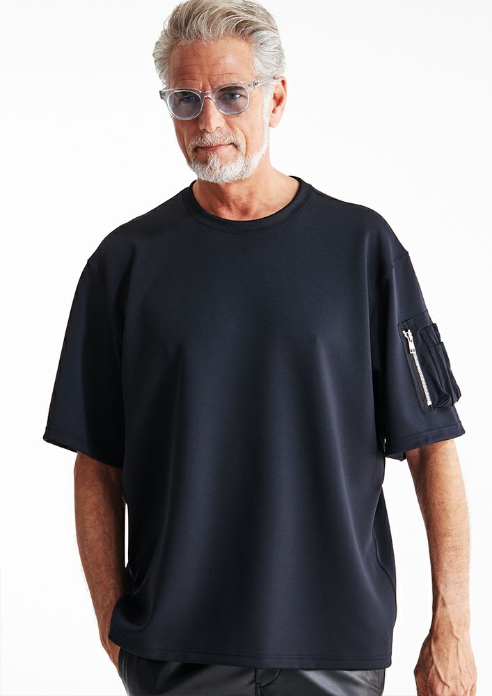 AKM】AQUA SUITING JERSEY S/S MA-1POCKET LOOSE FIT CUTSEW -BLACK-