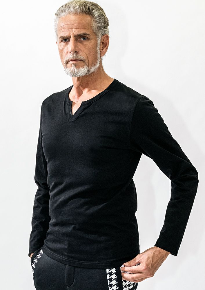 AKM】ORGANIC HEAVY JERSEY L/S KEY NECK -BLACK-